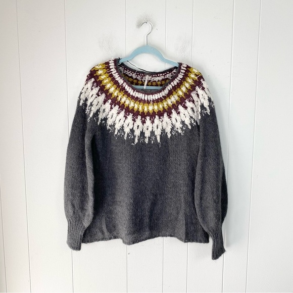 Free People Sweater Gray Knit Sz. Small Baltic Fair Isle Boatneck Bishop Sleeve - Picture 2 of 13